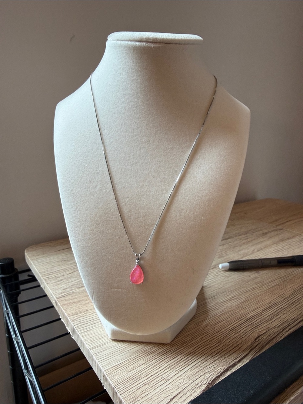 Silver Necklace with Pink Teardrop Pendant